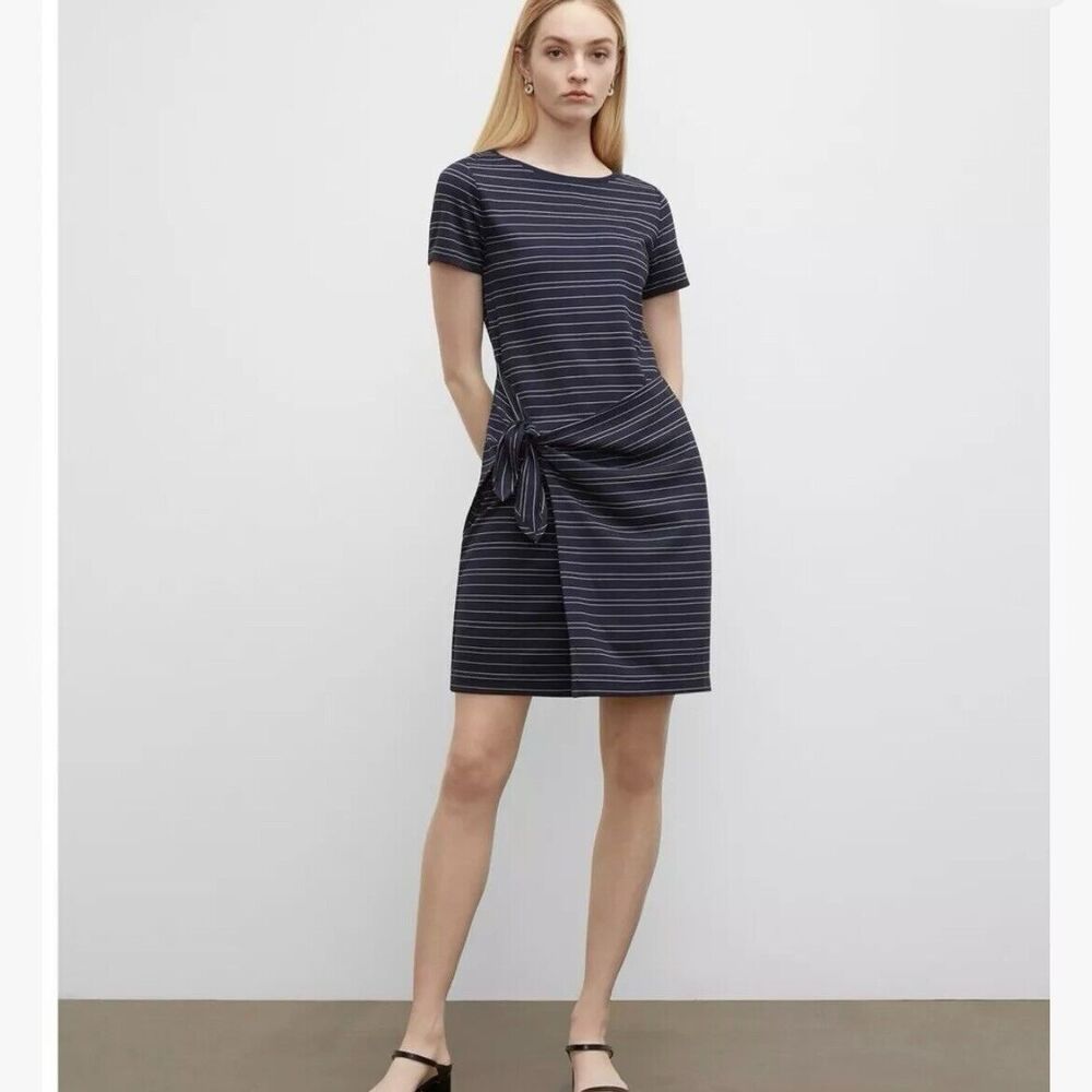 Club Monaco Faux Wrap Dress Navy Blue White Striped Twansia Dress Size XS